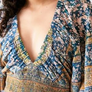 FREE PEOPLE 'Golden Hour' Border Maxi Dress - SMALL - Blue Yellow Combo